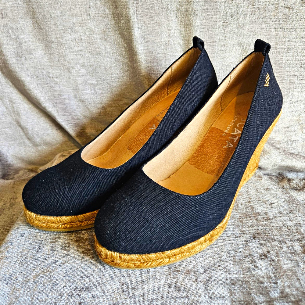 VISCATA Women’s Black Canvas Espadrille Wedge Heel, Round Toe, US 9